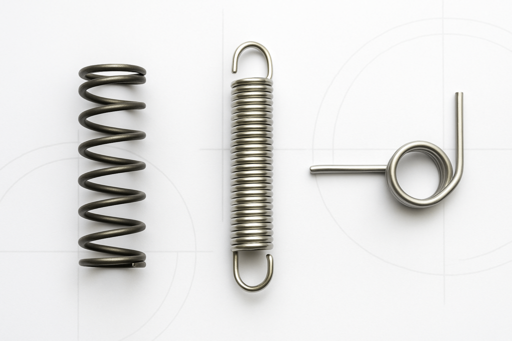 Compression, extension, and torsion springs side-by-side on a white engineering background