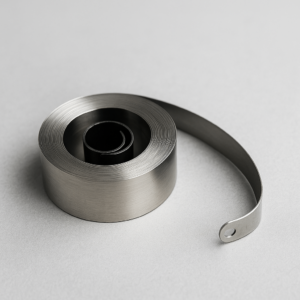 Close-up of a constant force spring partially uncoiled, resembling a tape measure, for medical and automation use