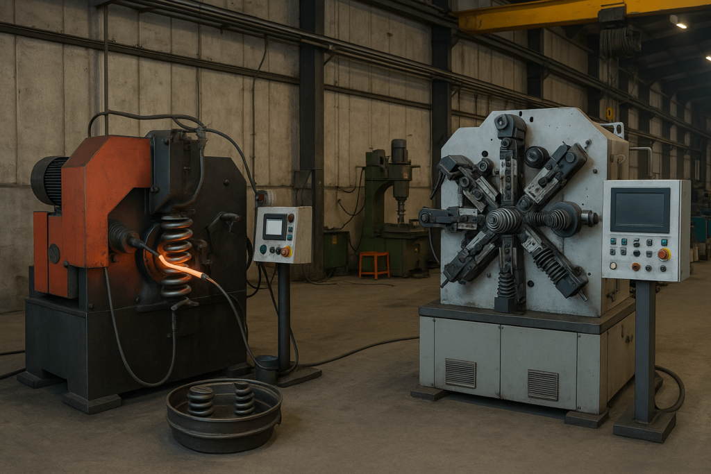 Hot coiling and cold forming machines used for industrial spring manufacturing in a Chinese metal workshop