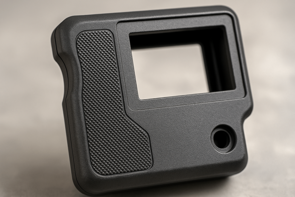 Molded plastic enclosure with textured grip to prevent slippage