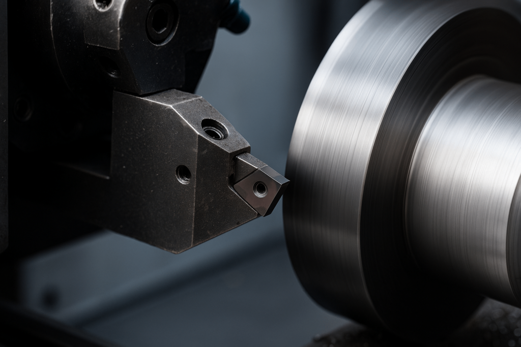 CBN insert in use during dry machining on CNC lathe