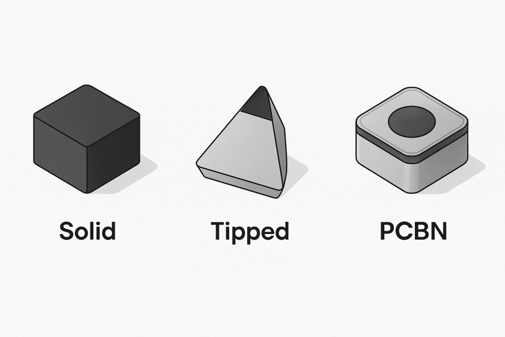 Comparison chart of solid, tipped, and PCBN inserts used in metal cutting