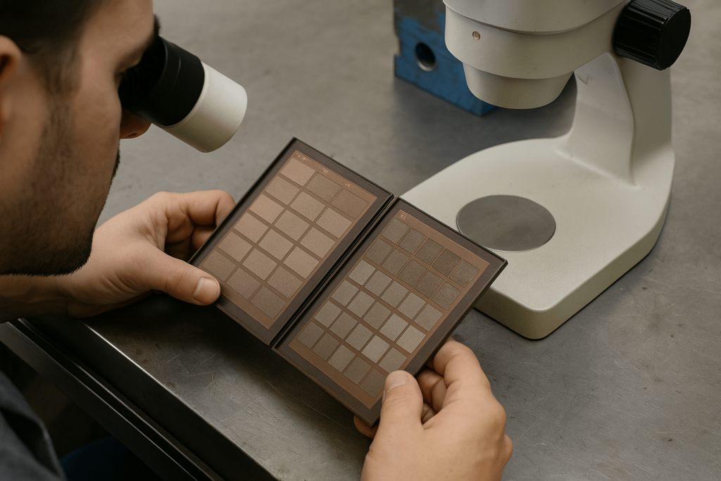 Technician inspecting mold texture precision with reference plates