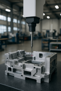 CMM probe inspecting a metal component in a Chinese factory setting