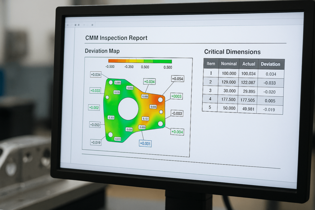 CMM inspection report showing dimensional deviation maps and critical tolerances