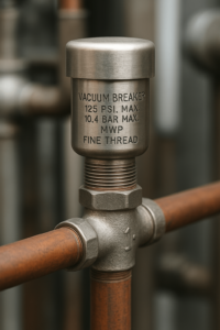 Close-up of fine thread vacuum breaker installed in industrial piping