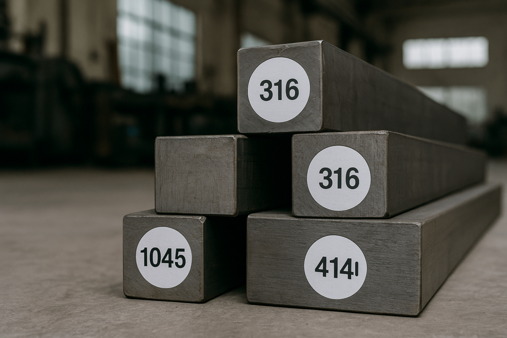 Labeled steel bars used for machining custom motor shafts