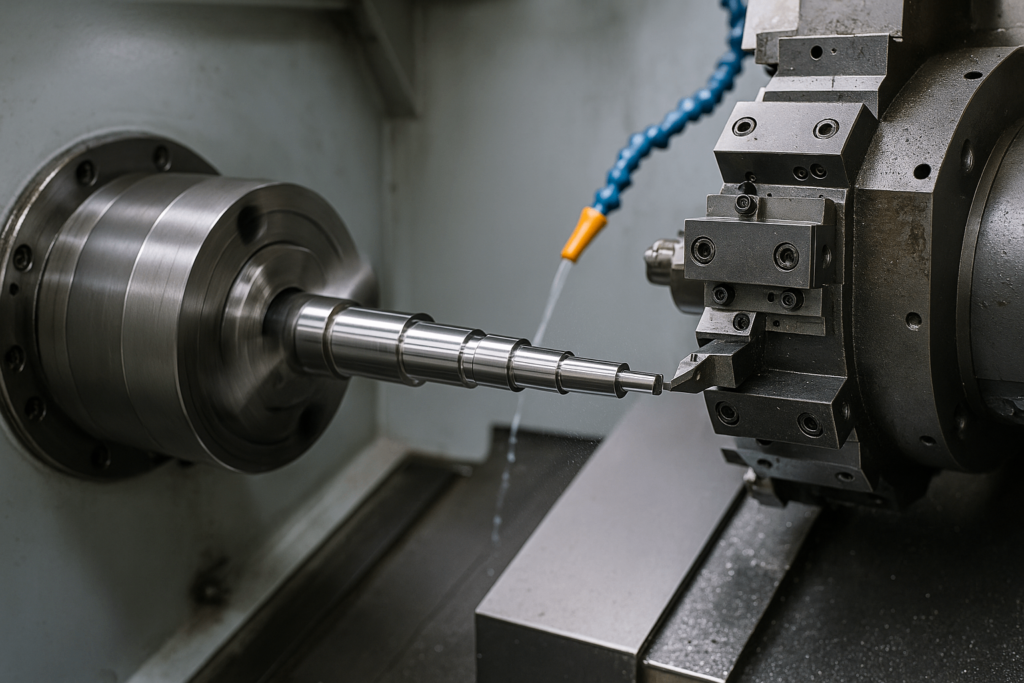 CNC lathe machining a precision motor shaft in a Chinese factory