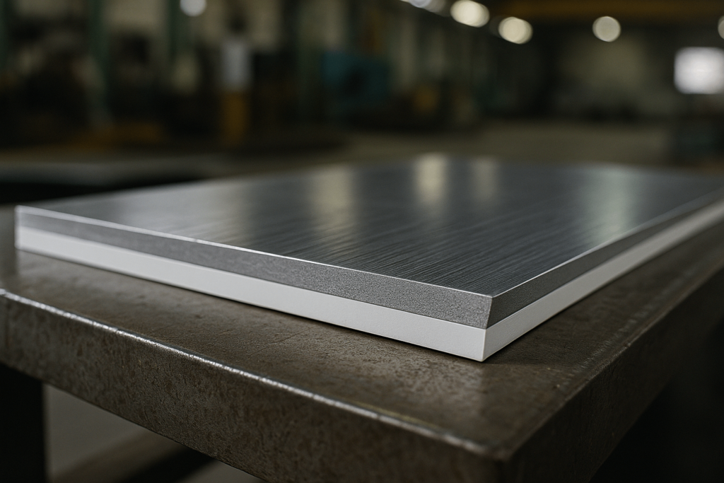 Cross-sectional laminated stainless steel sheet showing multiple layers