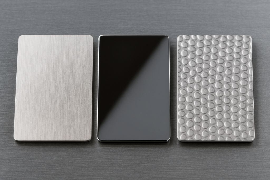 Various surface finishes of laminated stainless steel: brushed, mirror, and embossed