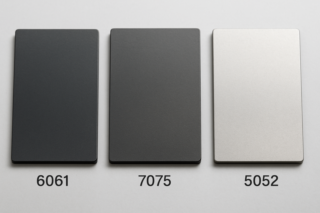 Visual comparison of anodized aluminum finishes across 6061, 7075, and 5052 alloys