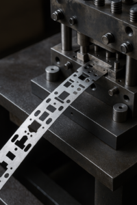 Progressive die stamping strip layout in a precision metal forming process