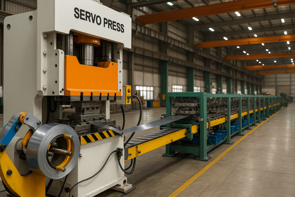 High-volume metal stamping line operating in Chinese factory setting