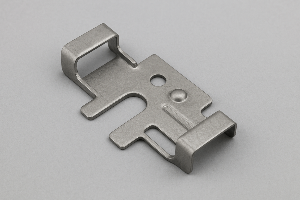 Complex stamped metal part with integrated features from progressive die