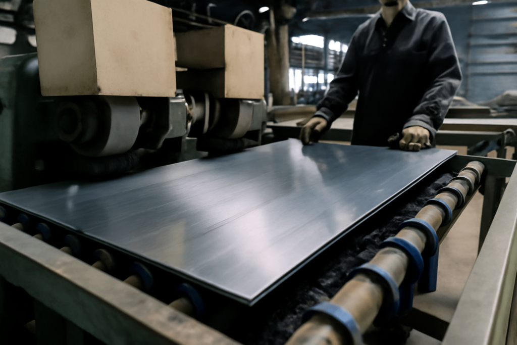 Metal brushing process in factory, close-up view.