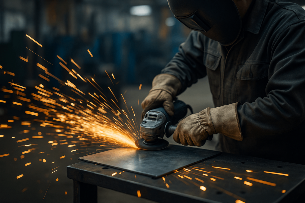 Worker grinding sheet metal with sparks flying in factory setting