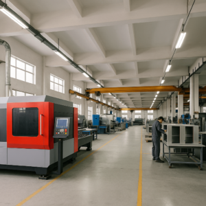 Modern Chinese metal fabrication workshop showing precision manufacturing environment.