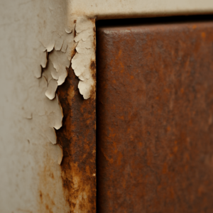 rust and peeling paint on sheet metal cabinet surface