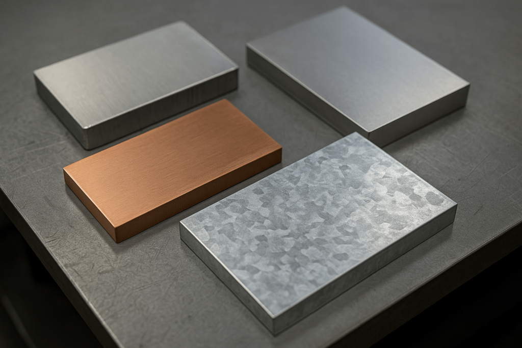 Laser cut samples of aluminum, stainless steel, and galvanized sheet metal