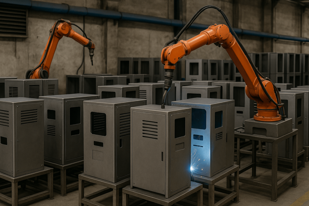 Batch robotic welding of custom vending enclosures in a Chinese fabrication plant