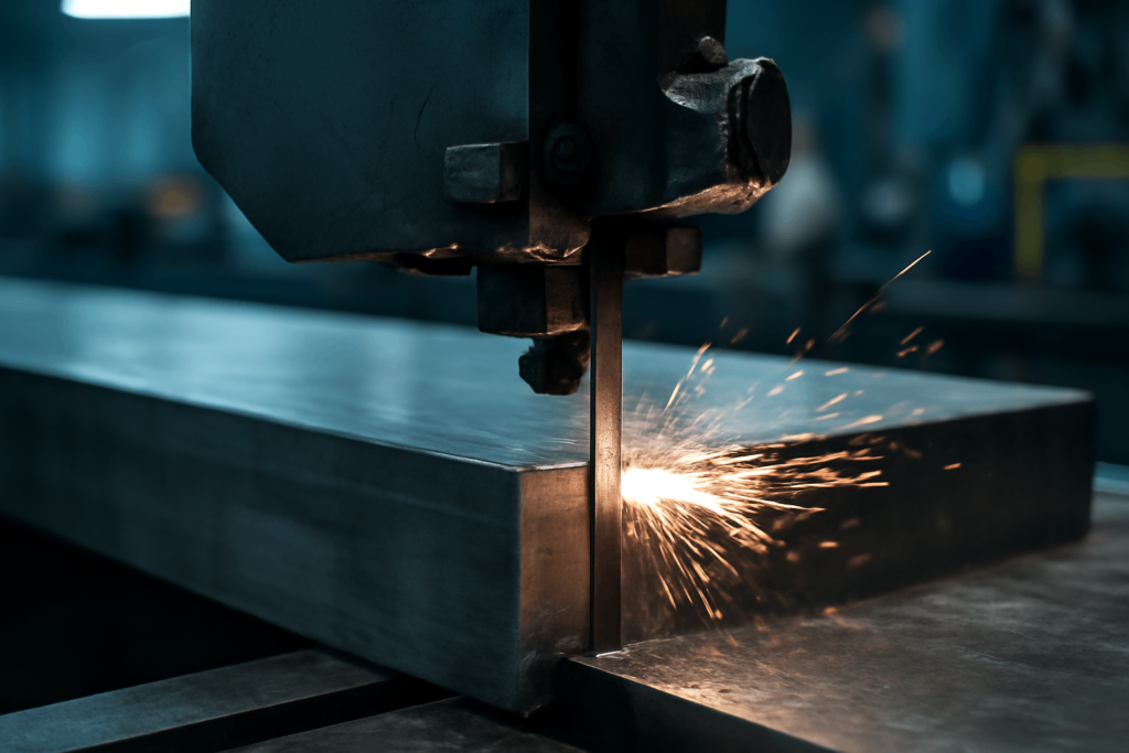 Close-up of a band saw cutting through metal, showcasing the cutting process in an industrial setting