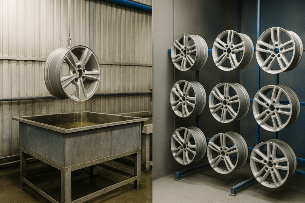 Chemical stripping and sandblasting preparation for aluminum rims in an industrial powder coating process