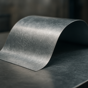Thin tin metal sheet showing flex and tension before cutting