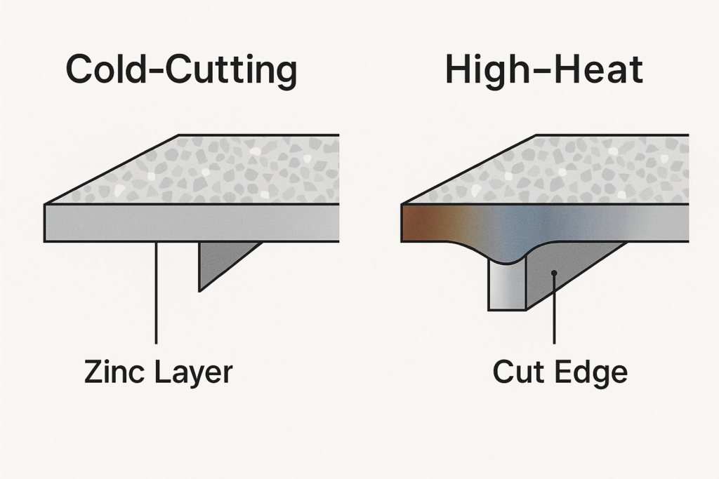 comparison of galvanized steel sheet edges cut by cold-cutting and high-heat methods
