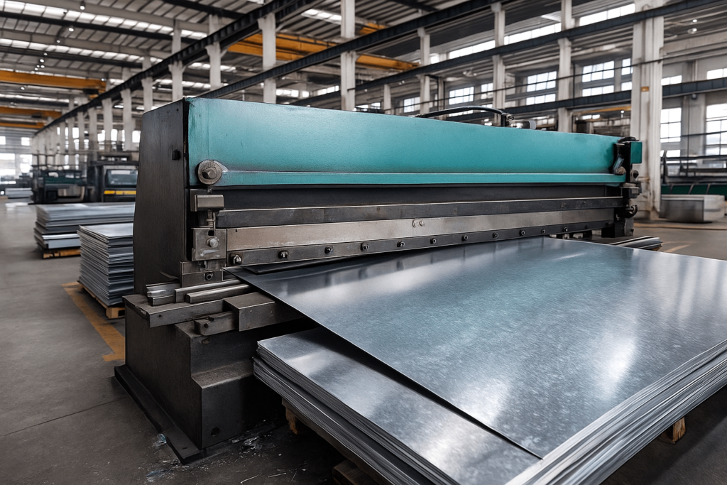 industrial shear cutting galvanized steel sheet in a Chinese metal fabrication workshop