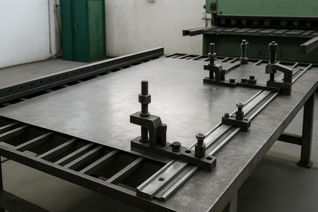 Stabilized metal cutting setup with fixtures and clamping system on workshop table