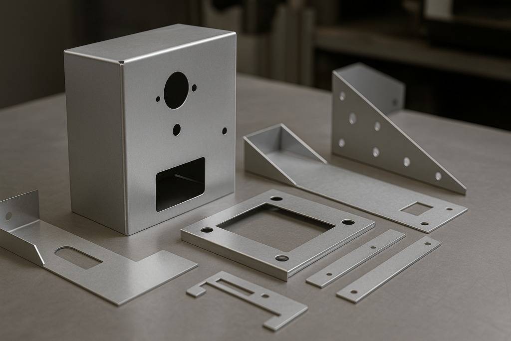Precision-cut tin metal enclosure and vending components arranged for inspection