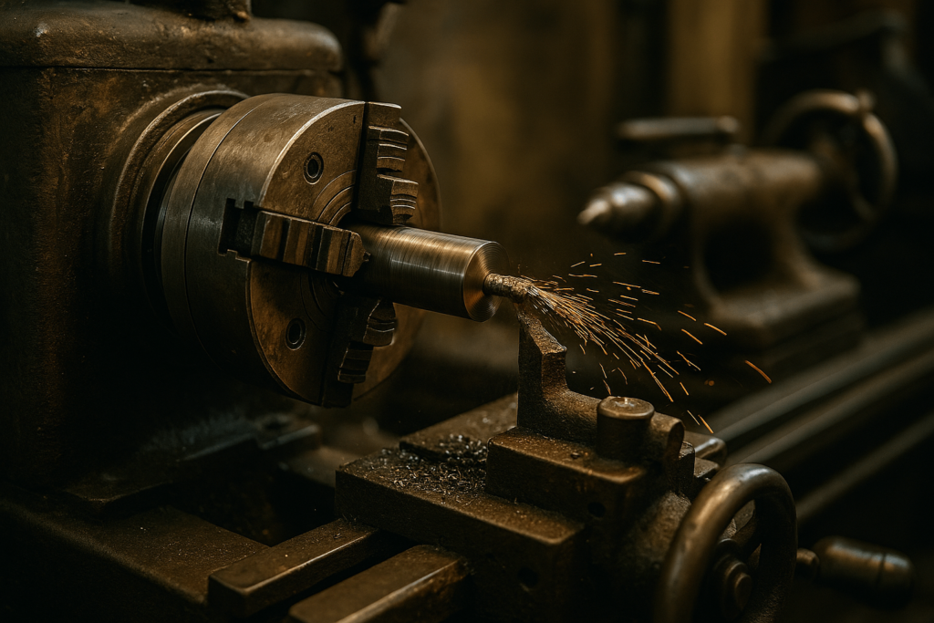 Old-style manual metal lathe cutting steel with rotating chuck and bright metal chips in a vintage industrial workshop