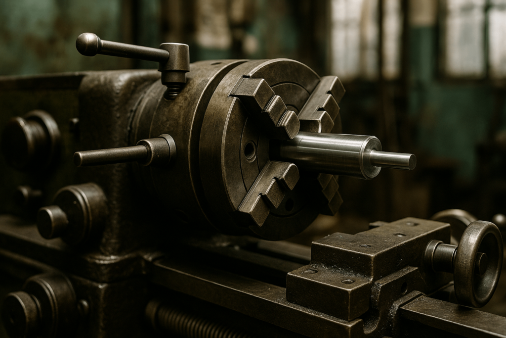 Manual four-jaw chuck adjusting concentricity on a metal lathe for precision industrial turning