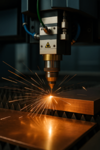 Copper sheet being laser-cut in a modern Chinese factory with high-precision equipment