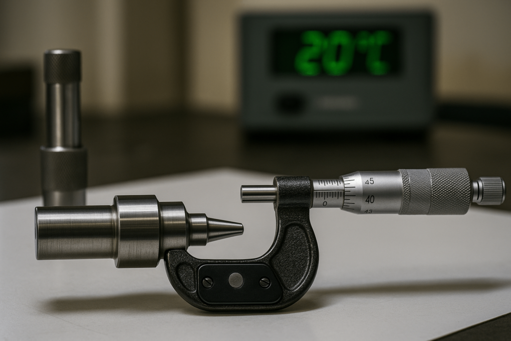 Precision measurement of turned metal part using micrometer in temperature-controlled inspection area