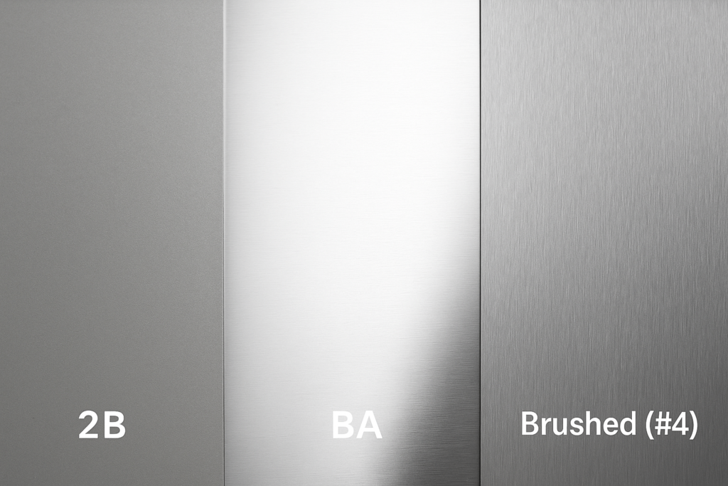 comparison of 2B, BA, and brushed surface finishes of 304 stainless steel