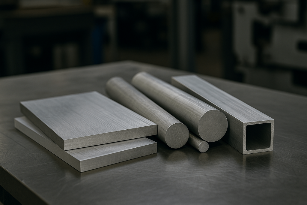 Different aluminum alloys displayed as sheets and profiles for industrial material selection.