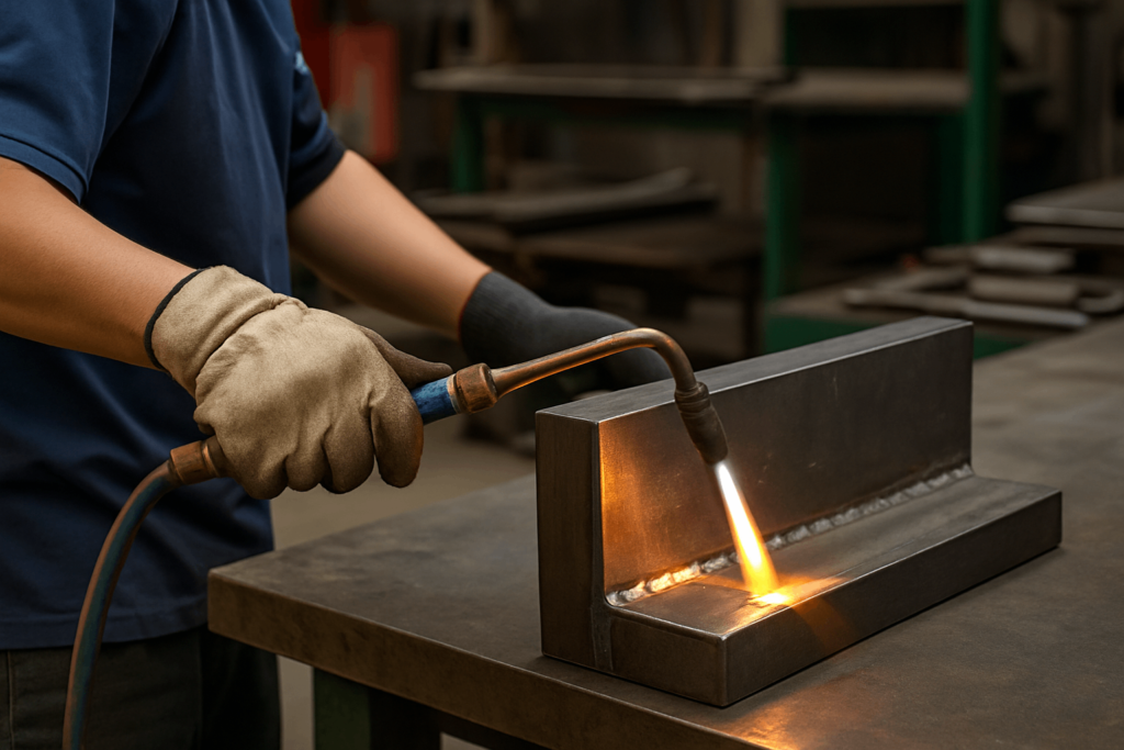 brazing metal joint in a Chinese fabrication workshop, close-up without showing worker’s face