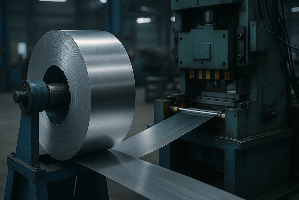 sheet metal coil feeding into an automated stamping production line