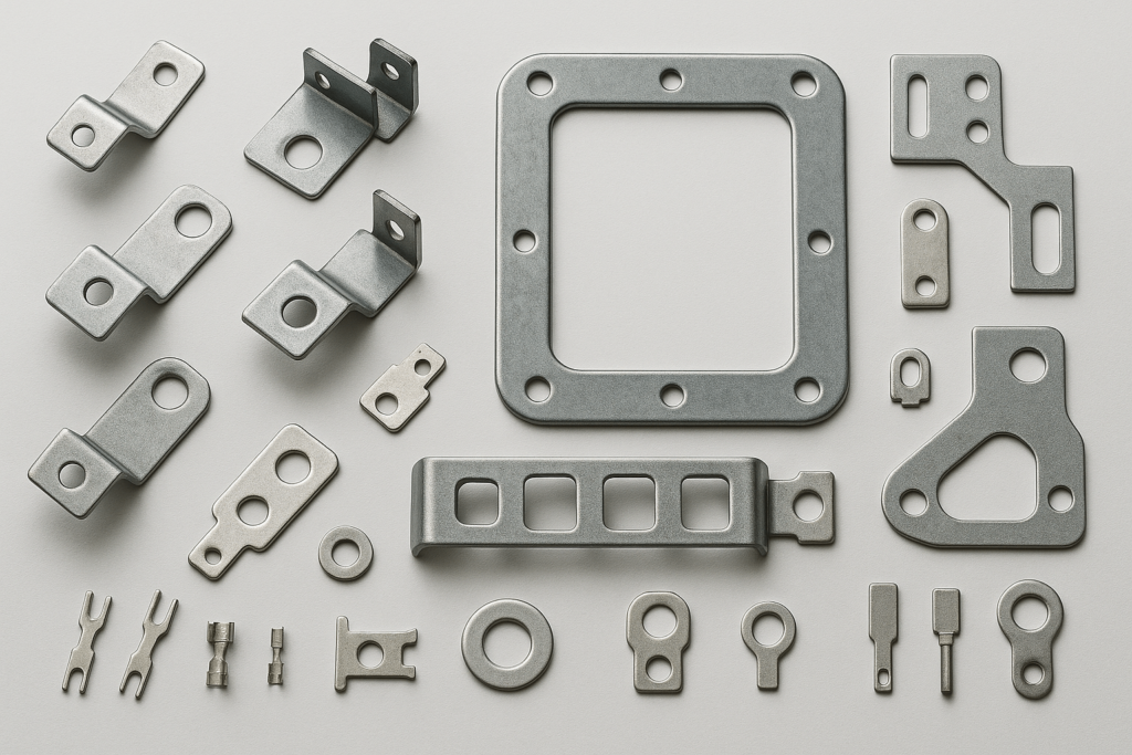 assorted stamped metal parts displayed including brackets and steel frames