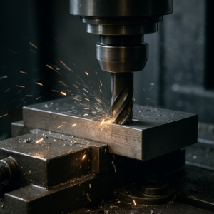 Close-up view of milling cutter removing material during CNC milling process