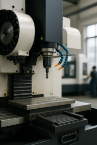 Main parts of a CNC milling machine including spindle, table, and tool changer