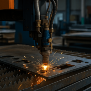 CNC laser cutting steel components in Chinese fabrication workshop.