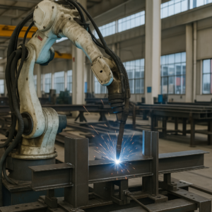 robotic welding assembling steel structures in modern Chinese factory.