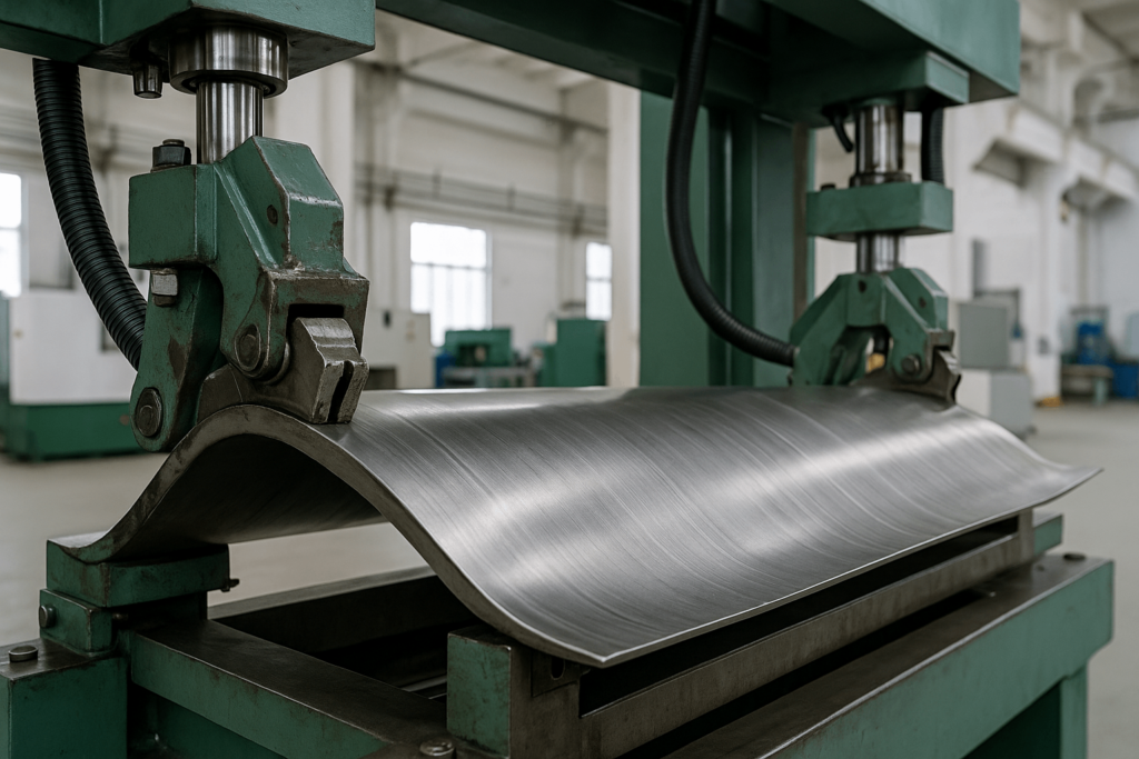 Hydraulic stretch forming process showing sheet clamping and tension control.