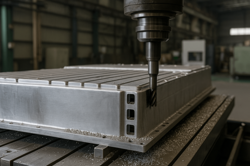 CNC slot milling process for aluminum EV battery enclosure in Chinese factory