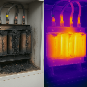 Burnt transformer insulation caused by continuous overloading in industrial setting