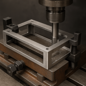 CNC machine slotting thin metal vending frame using vibration-absorbing fixture