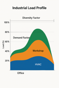 Industrial load profile simulation highlighting diversity and demand factors