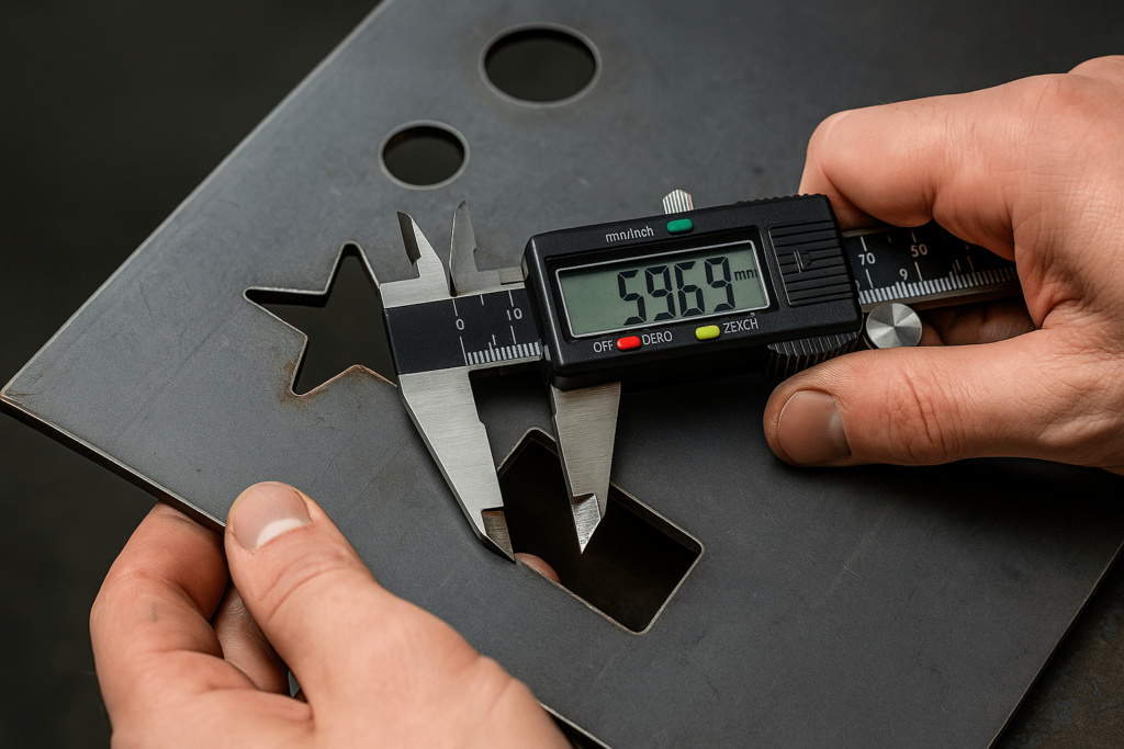 Engineer measuring kerf width on laser-cut metal sheet using digital calipers.
